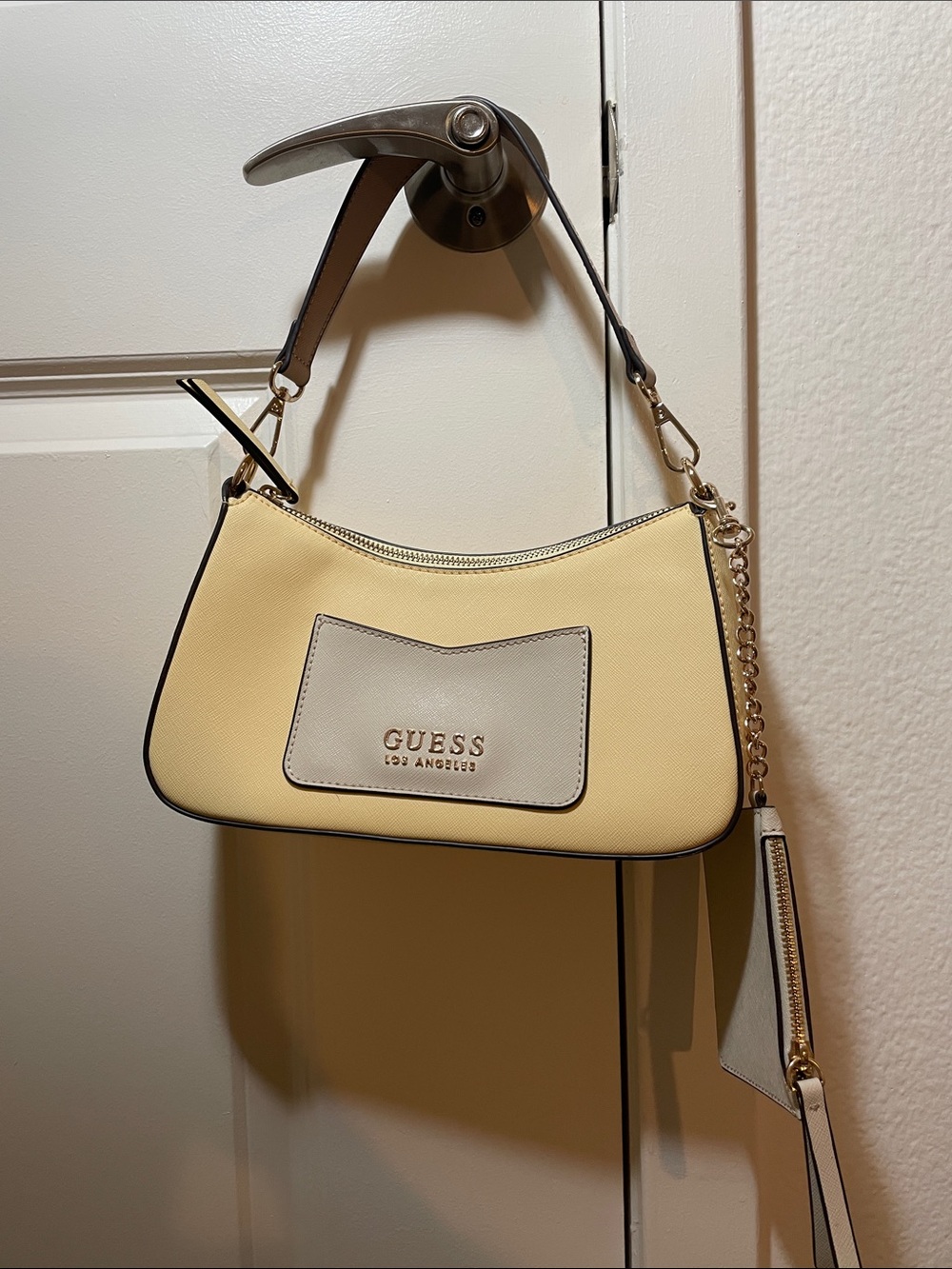 Guess Two-Tone Yellow and Cream Shoulder Bag with Chain Accent